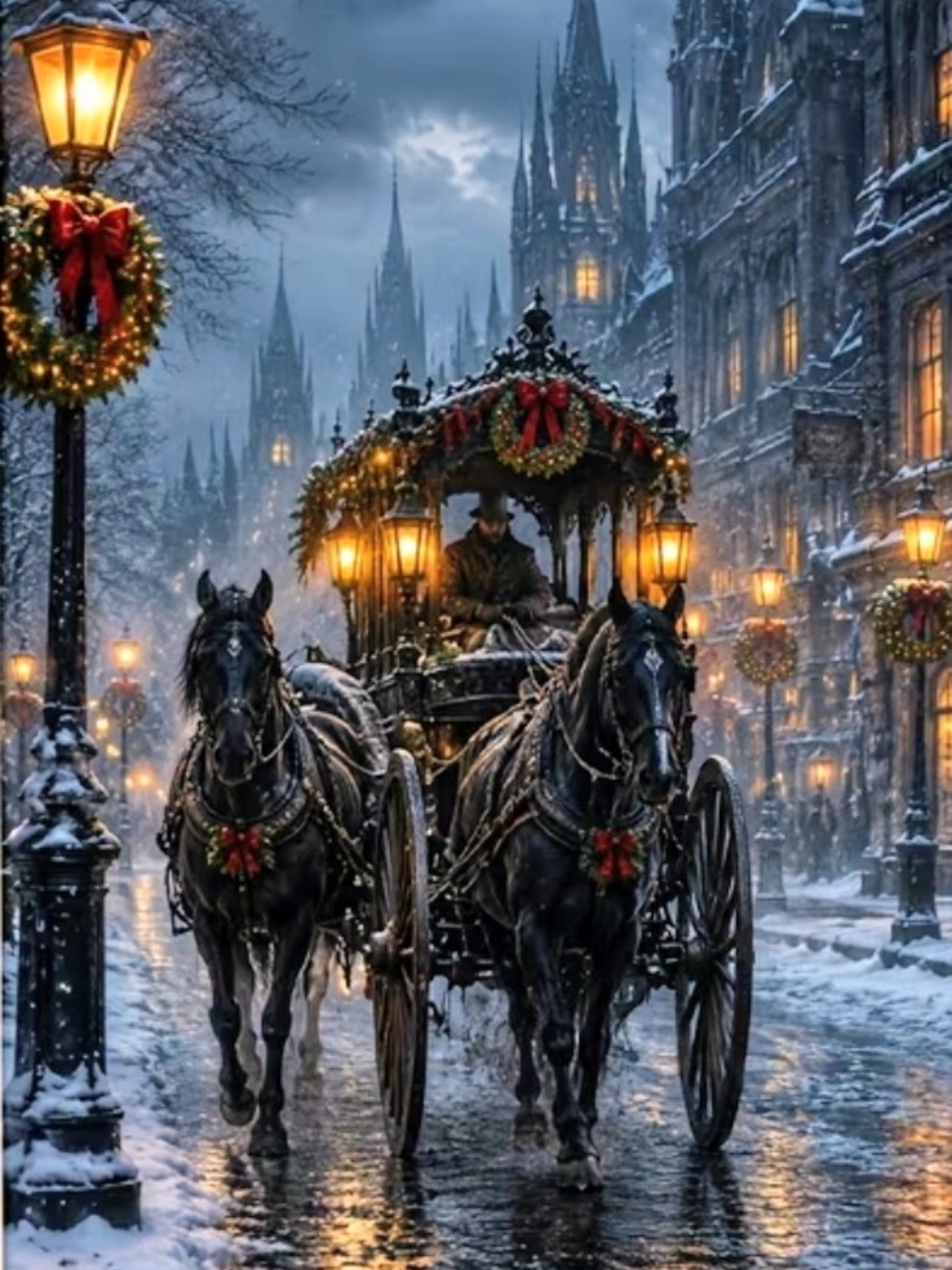 Holiday Horse-Drawn Carriage Wall Art Print - Black & Gold